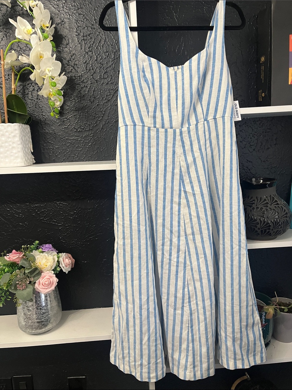 Old Navy Blue and White Striped A-Line Midi Skirt Dress